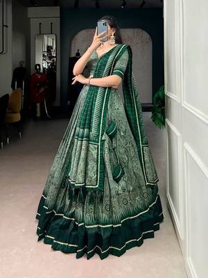 Green Tasar Silk Printed Iconic Sparkle with Lace Border Lehenga with Choli Dupatta 2