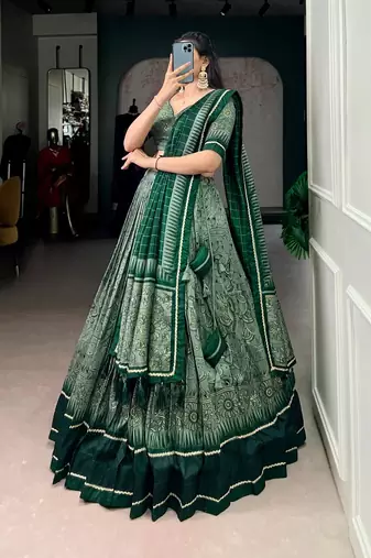 Green Tasar Silk Printed Iconic Sparkle with Lace Border Lehenga with Choli Dupatta