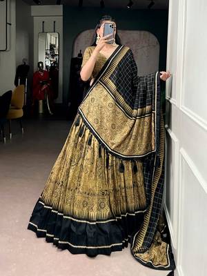 Gold Tasar Silk Printed Iconic Sparkle with Lace Border Lehenga with Choli Dupatta 1