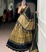 Gold Tasar Silk Printed Iconic Sparkle with Lace Border Lehenga with Choli Dupatta