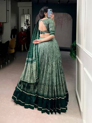 Green Tasar Silk Printed Iconic Sparkle with Lace Border Lehenga with Choli Dupatta 3