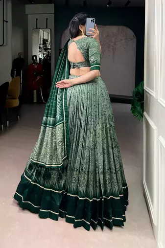 Green Tasar Silk Printed Iconic Sparkle with Lace Border Lehenga with Choli Dupatta