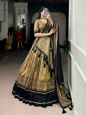 Gold Tasar Silk Printed Iconic Sparkle with Lace Border Lehenga with Choli Dupatta 2