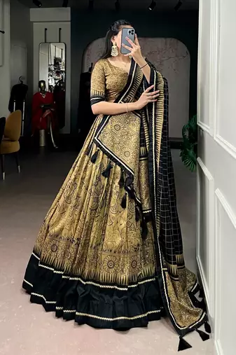 Gold Tasar Silk Printed Iconic Sparkle with Lace Border Lehenga with Choli Dupatta