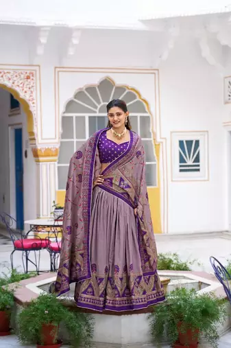 Multicolor Tasar Silk Printed Iconic Sparkle with Lace Border Lehenga with Choli Dupatta