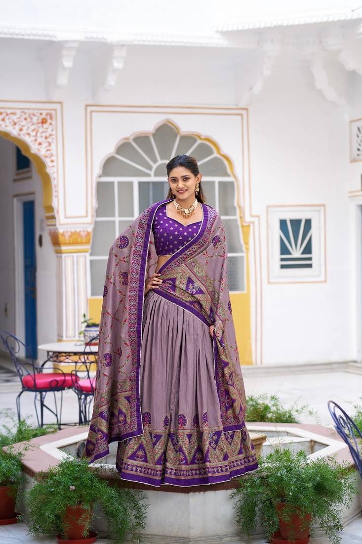 Multicolor Tasar Silk Printed Iconic Sparkle with Lace Border Lehenga with Choli Dupatta