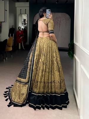 Gold Tasar Silk Printed Iconic Sparkle with Lace Border Lehenga with Choli Dupatta 3