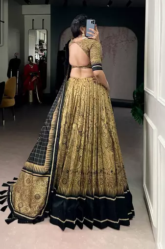 Gold Tasar Silk Printed Iconic Sparkle with Lace Border Lehenga with Choli Dupatta