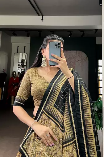 Gold Tasar Silk Printed Iconic Sparkle with Lace Border Lehenga with Choli Dupatta