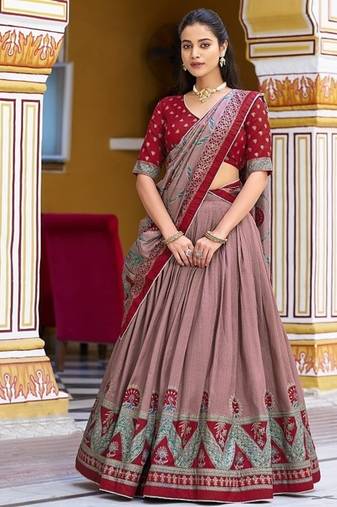 Multicolor Tasar Silk Printed Iconic Sparkle with Lace Border Lehenga with Choli Dupatta