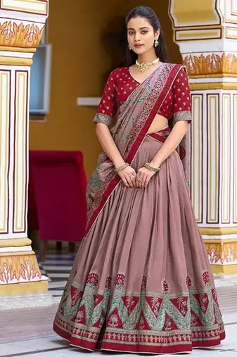 Multicolor Tasar Silk Printed Iconic Sparkle with Lace Border Lehenga with Choli Dupatta