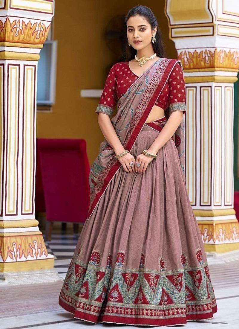 Multicolor Tasar Silk Printed Iconic Sparkle with Lace Border Lehenga with Choli Dupatta