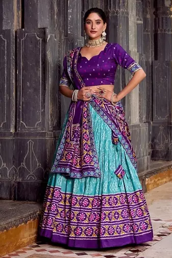 Skyblue Tasar Silk Ikkat Print Lehenga with Choli Dupatta