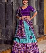Skyblue Tasar Silk Ikkat Print Lehenga with Choli Dupatta