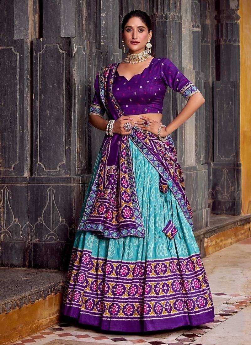 Skyblue Tasar Silk Ikkat Print Lehenga with Choli Dupatta