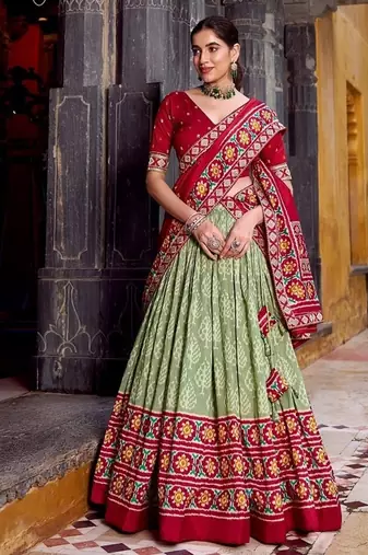 Seagreen Tasar Silk Ikkat Print Lehenga with Choli Dupatta
