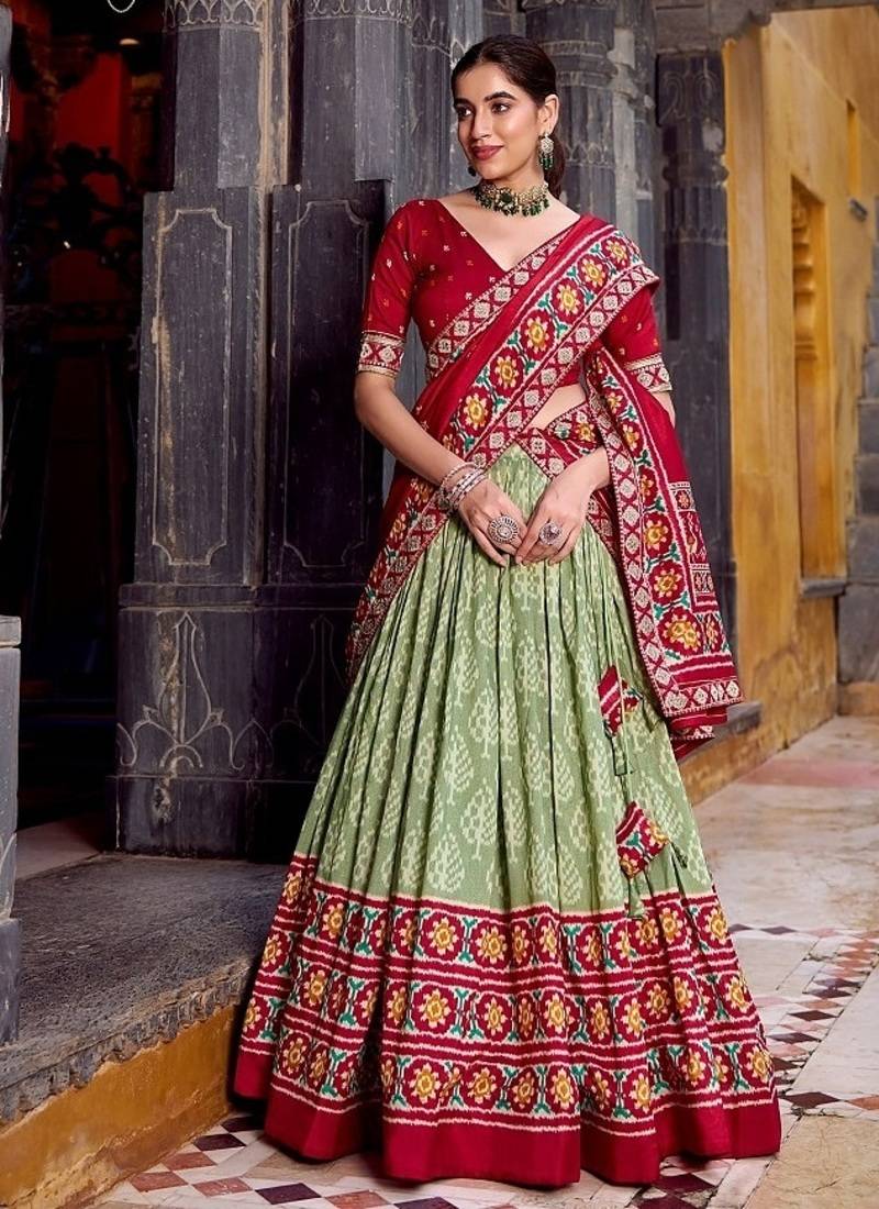 Seagreen Tasar Silk Ikkat Print Lehenga with Choli Dupatta