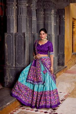 Skyblue Tasar Silk Ikkat Print Lehenga with Choli Dupatta 2