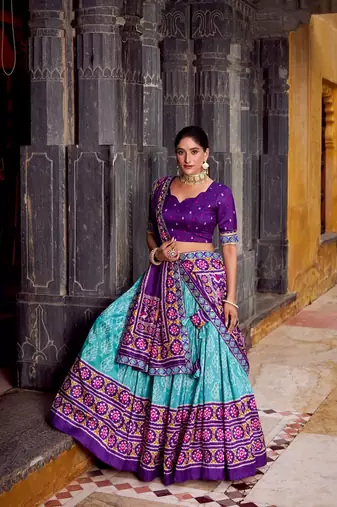 Skyblue Tasar Silk Ikkat Print Lehenga with Choli Dupatta