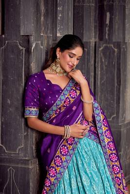 Skyblue Tasar Silk Ikkat Print Lehenga with Choli Dupatta 3