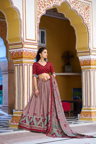 Multicolor Tasar Silk Printed Iconic Sparkle with Lace Border Lehenga with Choli Dupatta
