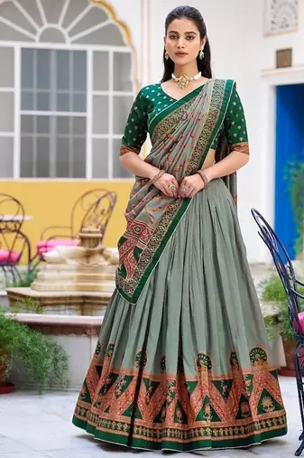 Multicolor Tasar Silk Printed Iconic Sparkle with Lace Border Lehenga with Choli Dupatta