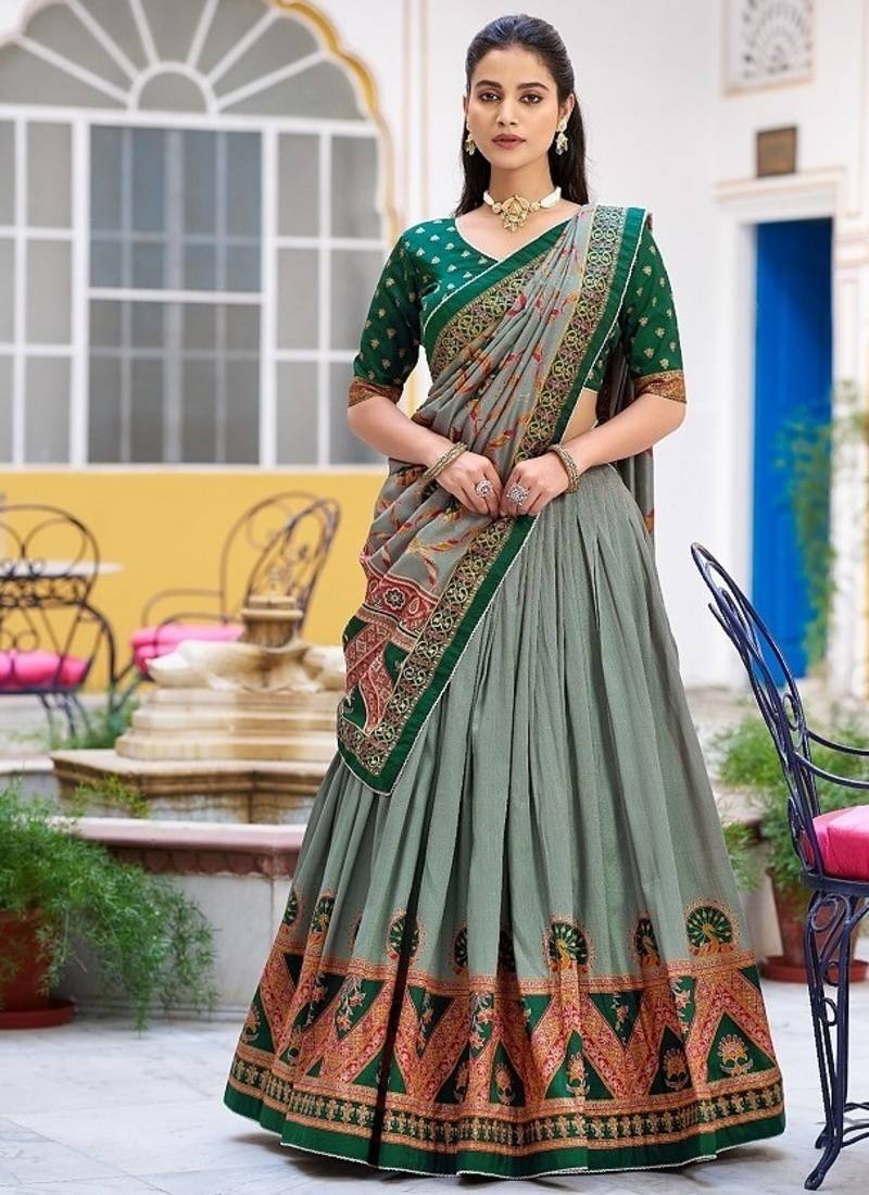 Multicolor Tasar Silk Printed Iconic Sparkle with Lace Border Lehenga with Choli Dupatta