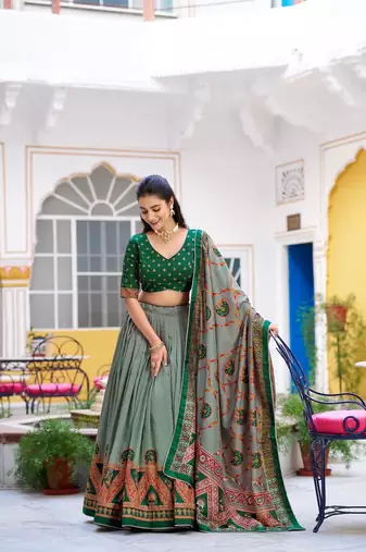Multicolor Tasar Silk Printed Iconic Sparkle with Lace Border Lehenga with Choli Dupatta