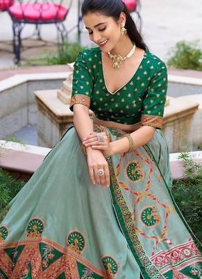 Multicolor Tasar Silk Printed Iconic Sparkle with Lace Border Lehenga with Choli Dupatta 3