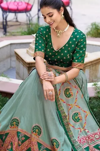 Multicolor Tasar Silk Printed Iconic Sparkle with Lace Border Lehenga with Choli Dupatta