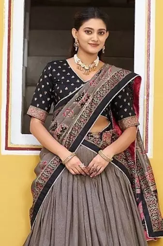 Multicolor Tasar Silk Printed Iconic Sparkle with Lace Border Lehenga with Choli Dupatta