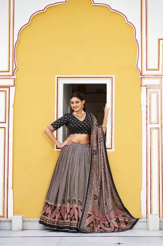Multicolor Tasar Silk Printed Iconic Sparkle with Lace Border Lehenga with Choli Dupatta