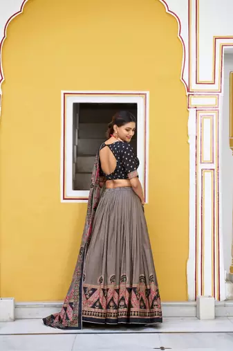 Multicolor Tasar Silk Printed Iconic Sparkle with Lace Border Lehenga with Choli Dupatta