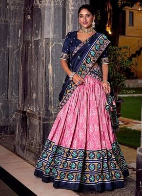 Pink Tasar Silk Ikkat Print Lehenga with Choli Dupatta 1