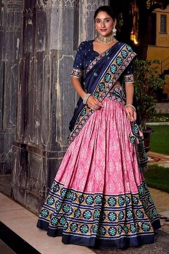 Pink Tasar Silk Ikkat Print Lehenga with Choli Dupatta