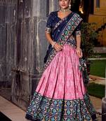 Pink Tasar Silk Ikkat Print Lehenga with Choli Dupatta