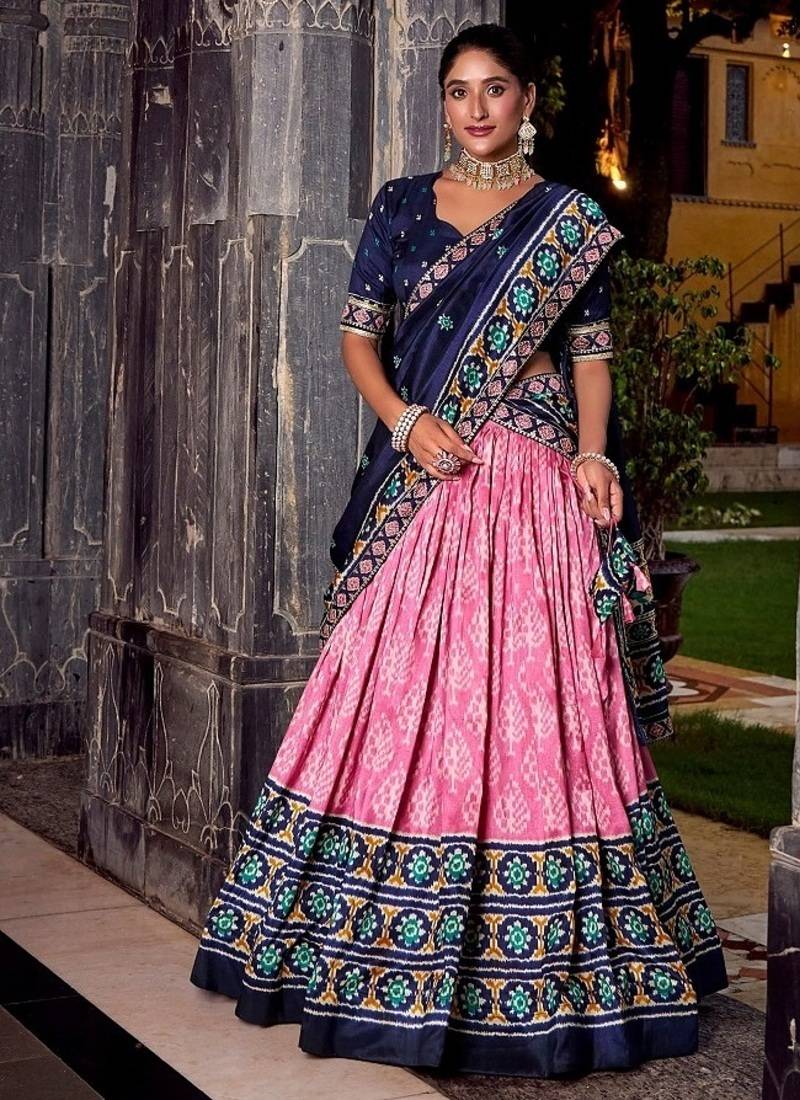 Pink Tasar Silk Ikkat Print Lehenga with Choli Dupatta