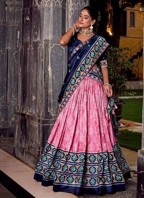 Pink Tasar Silk Ikkat Print Lehenga with Choli Dupatta 2
