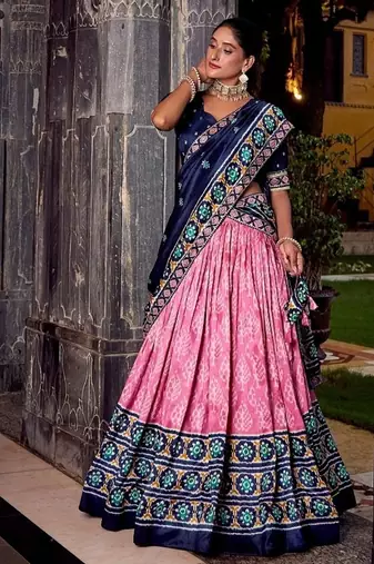 Pink Tasar Silk Ikkat Print Lehenga with Choli Dupatta