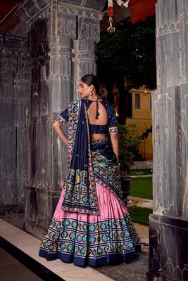Pink Tasar Silk Ikkat Print Lehenga with Choli Dupatta 3