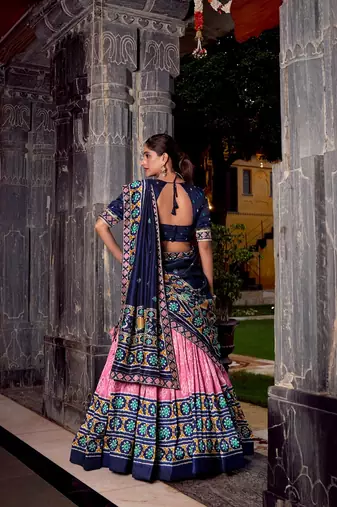 Pink Tasar Silk Ikkat Print Lehenga with Choli Dupatta