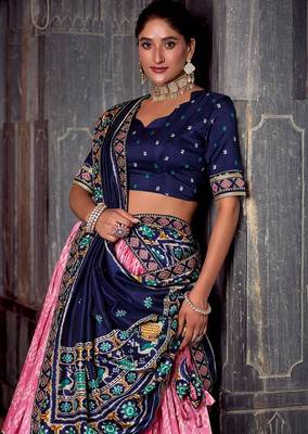 Pink Tasar Silk Ikkat Print Lehenga with Choli Dupatta 4