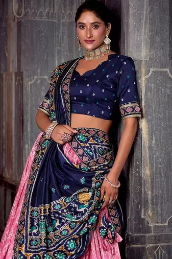 Pink Tasar Silk Ikkat Print Lehenga with Choli Dupatta