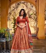 Rust Tasar Silk Iconic Sparkle with Lace Border Lehenga with Choli Dupatta