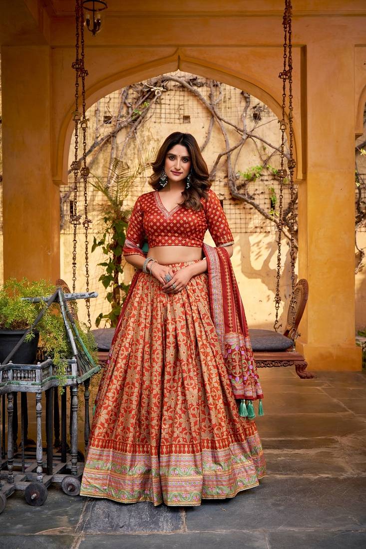 Rust Tasar Silk Iconic Sparkle with Lace Border Lehenga with Choli Dupatta