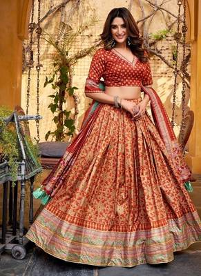 Rust Tasar Silk Iconic Sparkle with Lace Border Lehenga with Choli Dupatta 2