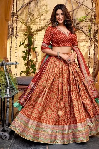 Rust Tasar Silk Iconic Sparkle with Lace Border Lehenga with Choli Dupatta