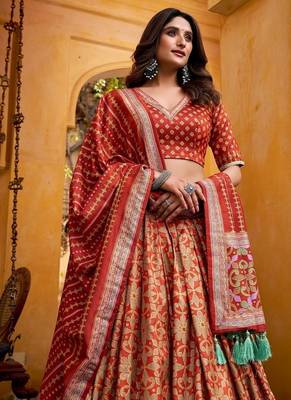 Rust Tasar Silk Iconic Sparkle with Lace Border Lehenga with Choli Dupatta 3