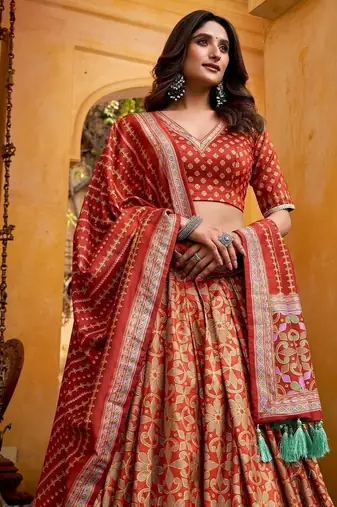 Rust Tasar Silk Iconic Sparkle with Lace Border Lehenga with Choli Dupatta