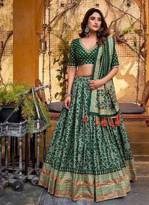 Green Tasar Silk Iconic Sparkle with Lace Border Lehenga with Choli Dupatta 1
